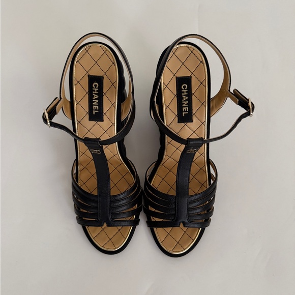 CHANEL Black Quilted Leather T-Strap Wedge Sandals - Picture 2 of 7